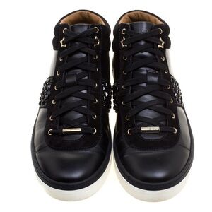 Jimmy Choo Black Leather And Crystal Studded Suede Bells Lace Up Sneakers size 7